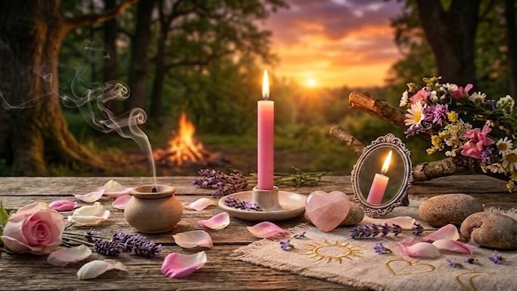 A pagan Midsummer love spell altar with pink spell candles from our witchcraft supply store.